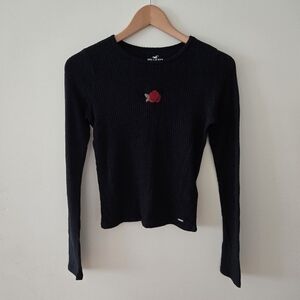 Hollister Black ribbed Long Sleeve Top with Red Rose small